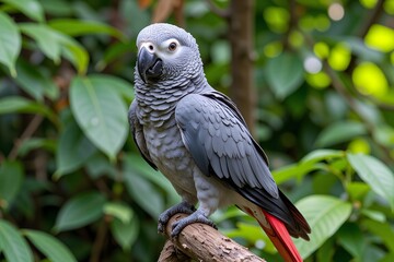 Obraz premium Majestic African Grey Parrot Perched on Branch in Lush Green Foliage