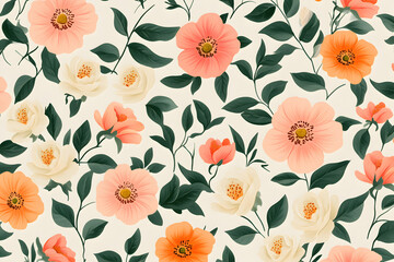 Vintage Floral Pattern with Hand-Drawn Pink and Orange Flowers on a Soft Cream Background for Fabric and Design