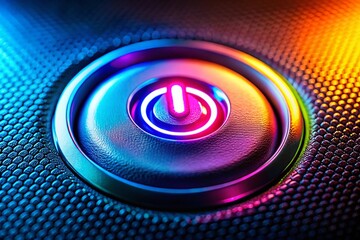 Power Button Symbol: Close-up Macro Shot of a Computer Power Button, Glowing LED, Technology Concept