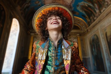 Fototapeta premium Boy in colorful costume smiles joyfully in an ornate historical setting during a cultural celebration