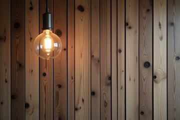 Warm Light Edison Bulb Hanging Against Rustic Wood Paneling Wall