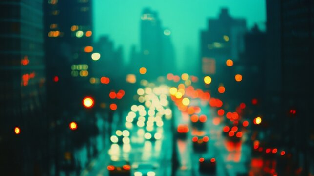 Urban evening lights in soft focus create a dreamy cityscape, with glowing red and white spots trailing across the scene.