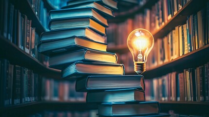 Books form a spiral staircase with a glowing bulb, symbolizing knowledge leading to success.
