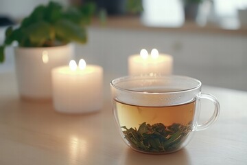 Fototapeta premium Herbal tea in a transparent cup on wooden kitchen table with candles glowing softly