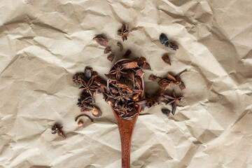 Dried star anise spice on and around wooden spoon isolated on craft background