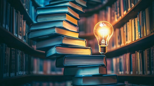 Books form a spiral staircase with a glowing bulb, symbolizing knowledge leading to success.