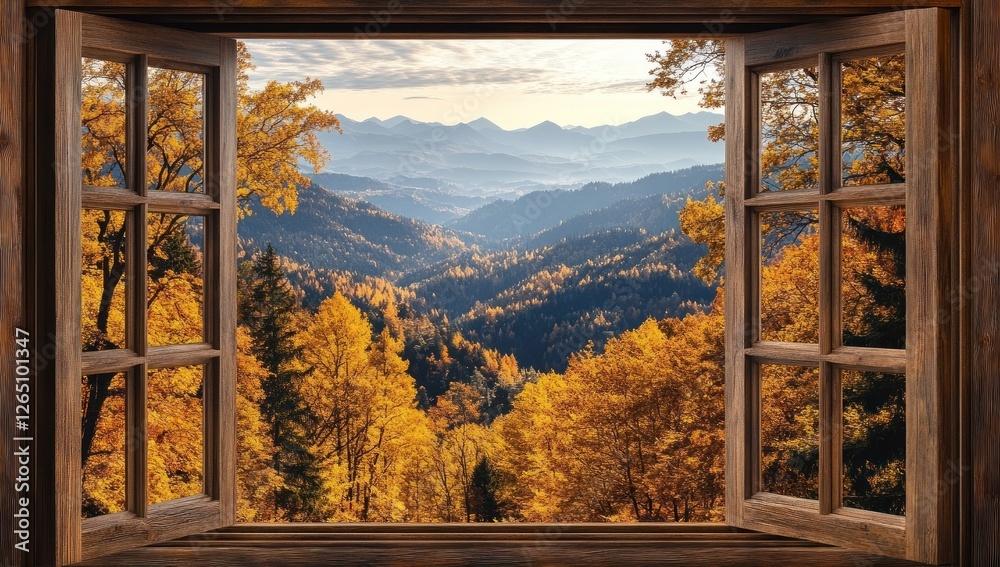 Sticker Autumnal mountain view seen through an open wooden window. (2)