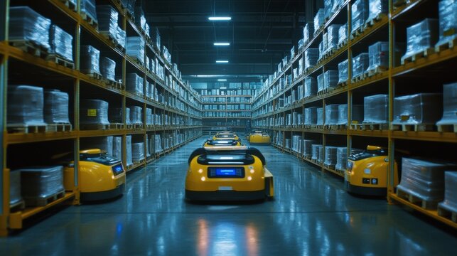 Yellow robots navigate polished aisles in a futuristic automated warehouse, embodying precision and innovation.