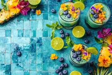 Three glasses of vibrant green smoothie garnished with blueberries, pineapple, lime, and edible flowers on a blue tile background.