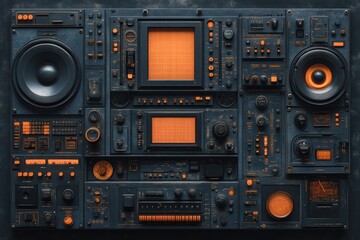 Obraz premium Vintage style s line icons showcasing retro audio equipment components in dark theme