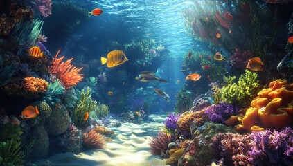 Obraz premium Vibrant coral reef teeming with colorful fish and diverse marine life under sunlit ocean water.