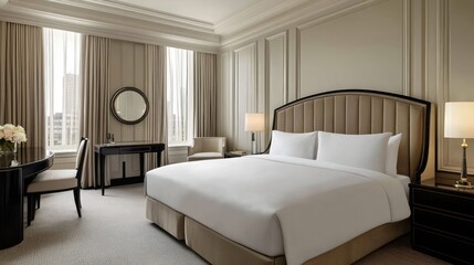 Luxurious hotel room, city view, king bed, elegant decor, workspace