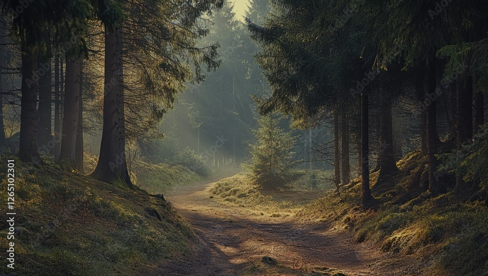 Wall mural Misty forest path at sunrise.