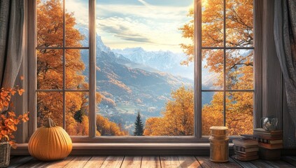 Autumnal view from a window overlooking a mountain valley with golden foliage, a pumpkin, and books.