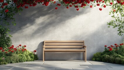 Wooden bench against a wall, adorned with red roses and greenery.