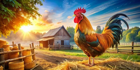 Proud Rooster Crow Sunny Farmyard, Cheerful Farm Life, Vivid Colors, Rural Scene, Sunrise