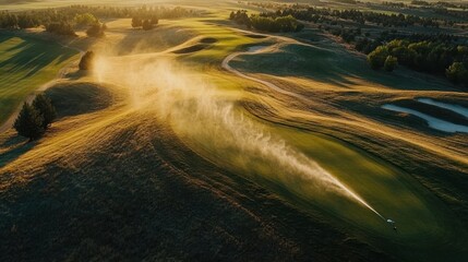 Scenic aerial view of a golf course being watered at sunset with irrigation