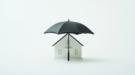 Model house under umbrella symbolizes home insurance protection.
