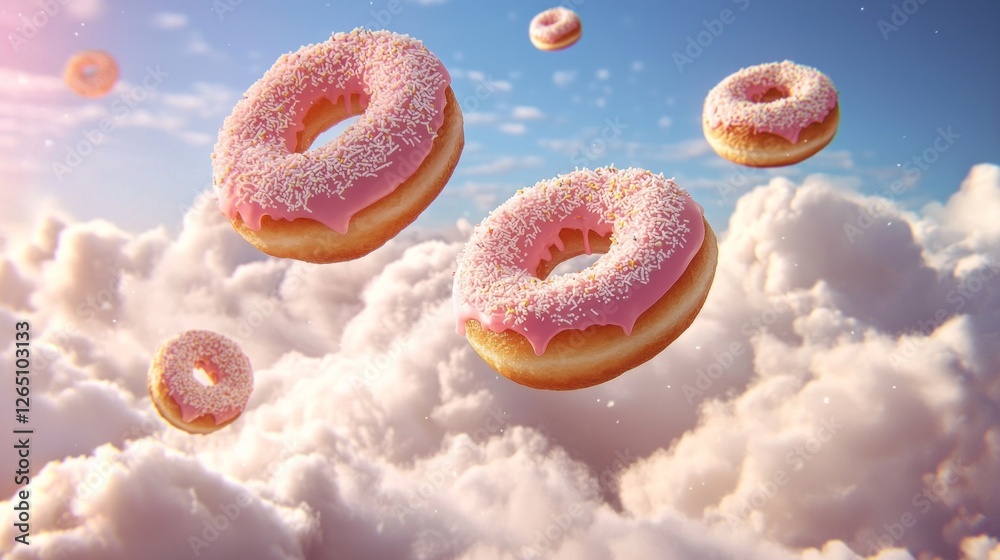 Poster whimsical doughnuts with pink frosting and sprinkles glide effortlessly through a dreamy, cloud-fill
