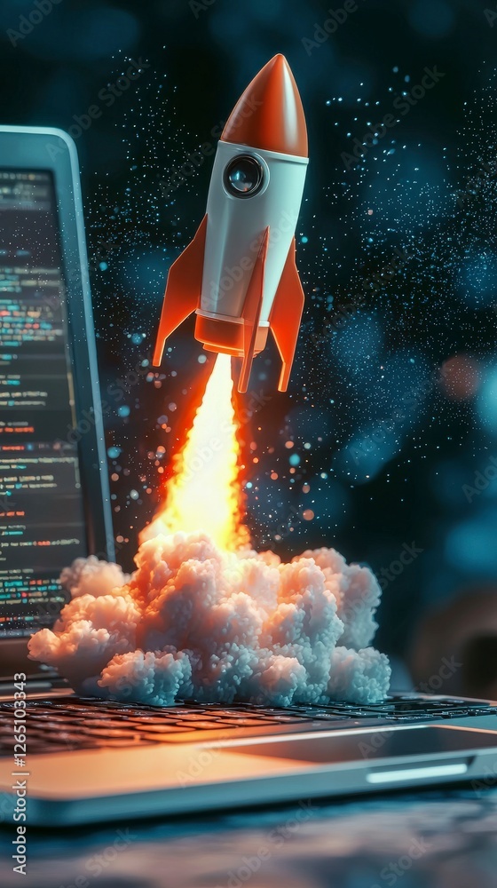 Poster A stylish rocket shoots out from a computer screen, conveying a strong message about progress and innovation in technology while creating an engaging visual experience.