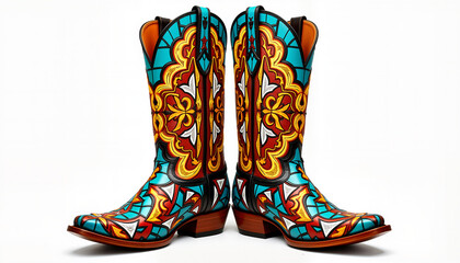 Colorful cowboy boots with stained glass patterns, artistic footwear