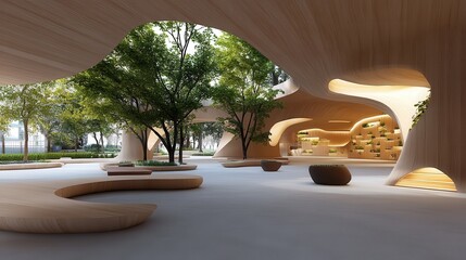 Fototapeta premium Modern architectural space with organic shapes and natural elements, featuring wooden structures and greenery