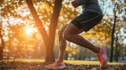 Runner in park clutching thigh, experiencing cramps, sunlight filtering through trees.