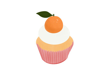 Drawing of orange fruit cake with whipped cream. Vector sweet strawberry isolated on white background.
