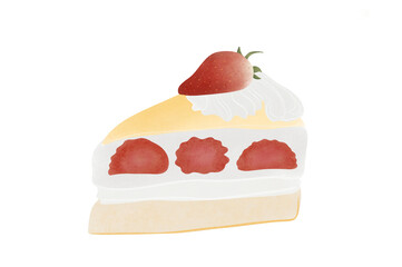 Drawing of a piece of strawberry fruit cake with whipped cream. Vector illustration Vector sweet strawberries isolated on white background.