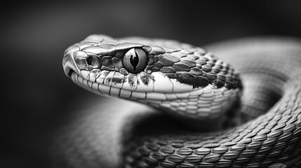 Fototapeta premium Monochrome viper portrait, coiled, dark background, wildlife