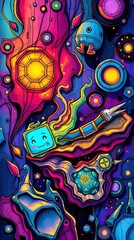 surreal space scene with a cute rocket ship floating among colorful planets, playful cosmic adventure artwork with bright neon effects