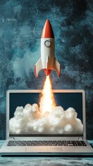 A striking rocket ascends from the screen of a laptop amidst fluffy clouds, representing innovation and bold ideas in the tech world, combined with a playful artistic touch.