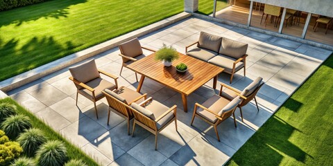 Fototapeta premium Sleek outdoor dining set, captured by drone: stylish table and chairs ready for al fresco meals.