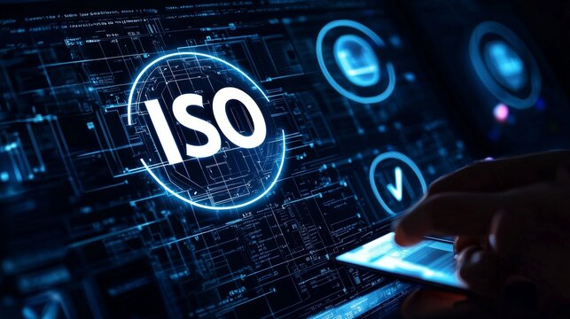 Digital interface showing iso compliance integration with technology.
