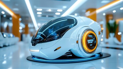Fototapeta premium Futuristic Autonomous Vehicle Design with Advanced Technology and Surreal Aesthetics in Modern Showroom Environment