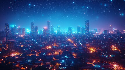 Obraz premium Night city skyline aerial view, lights, stars. Possible use Stock photo for showcasing cityscapes at night
