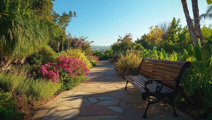 Obraz premium Serene garden path with benches, lush foliage, and distant cityscape view under sunny sky.