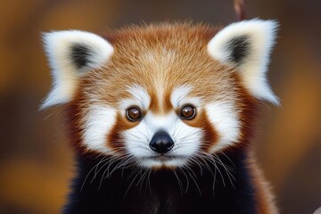 Close-up portrait of an adorable red panda with expressive eyes, looking directly at the camera against a blurred autumnal background.