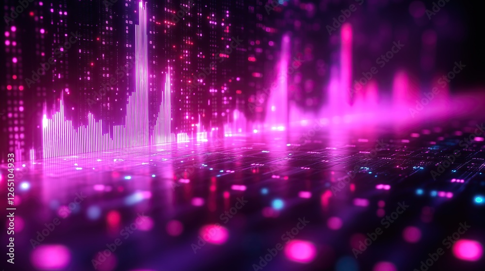 Poster vibrant scene of futuristic cityscape glows with purples and pinks reflecting off grid like surface in digital display
