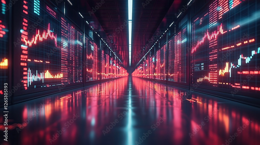 Aufkleber Data center illuminated with vibrant charts and graphs reflecting on polished floor in symmetrical high tech setting