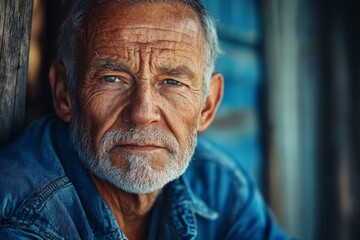 Portrait of a senior man with gray hair and a thoughtful expression in a rustic setting
