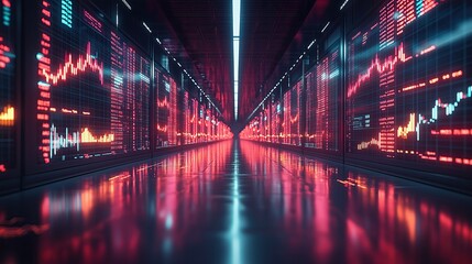 Data center illuminated with vibrant charts and graphs reflecting on polished floor in symmetrical high tech setting