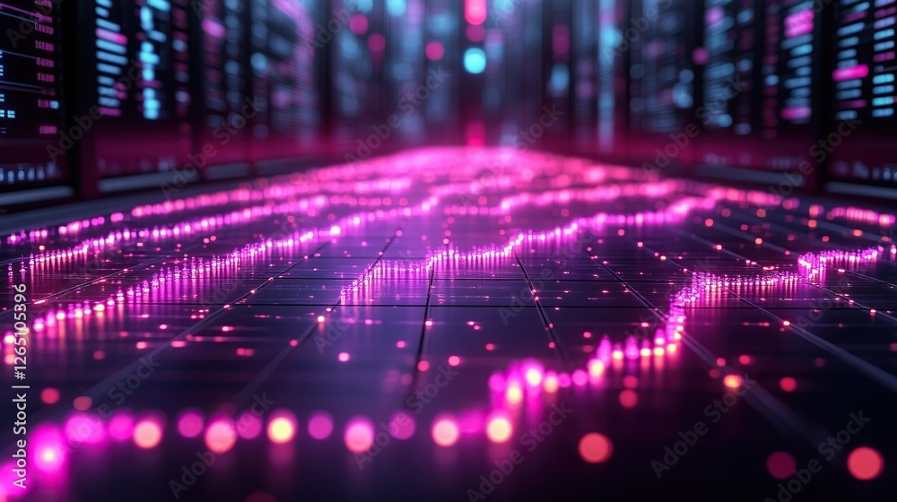 Poster digital pathway: bright pink and blue lights abstract data highway information flow and connection