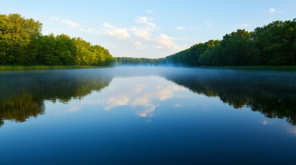tranquil landscape unfolds with fog, smoke, and soft light creating serenity