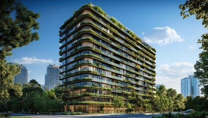 Modern, eco-friendly apartment building with lush greenery integrated into its design, situated in a city setting with trees and other buildings in the background.