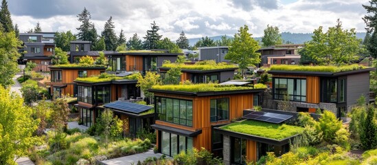 Fototapeta premium Eco-friendly neighborhood with green roofs and solar panels on houses.