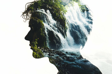 Evoking nature's essence through dual exposure showcasing a human silhouette intertwined with cascading waterfalls