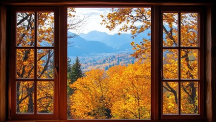 Fototapeta premium Autumnal mountain view seen through a rustic wooden window.