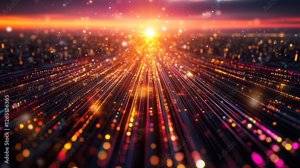 Poster Vibrant data streams converging towards central point of light symbolizing connectivity and technological advancement