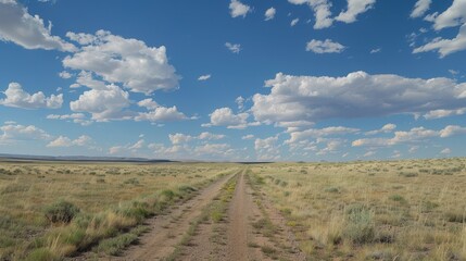 Fototapeta premium Vast Blue Sky With Fluffy White Clouds Over an Open Dirt Road in a Tranquil Landscape. Generative AI